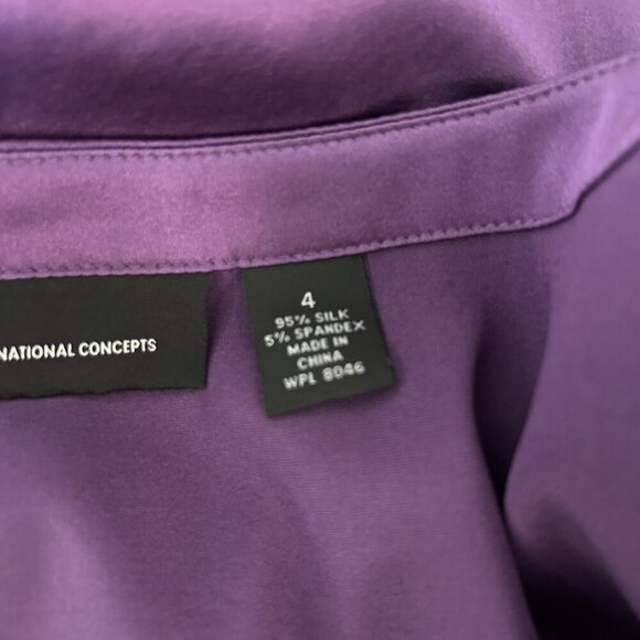 INC International Concepts Purple Stretch Silk Puffy Sleeve Faux Wrap Blouse - Picture 4 of 11